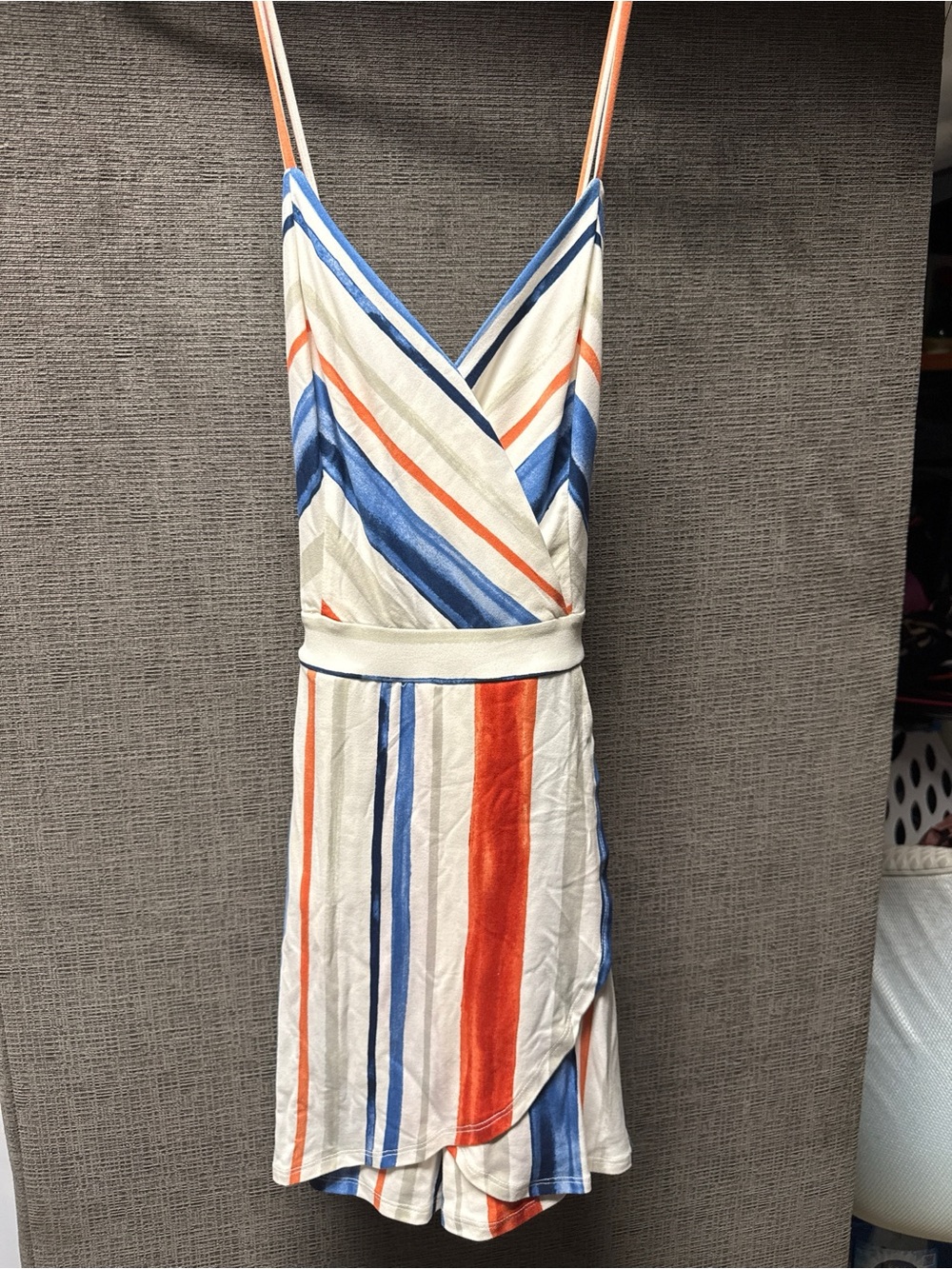 BCX Striped V-Neck Romper in White, Blue & Orange
